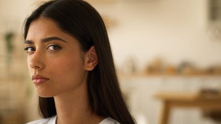 Portrait indoors at home serious calm pensive frown woman girl anxiety sad upset female lady at own rent apartment looking at camera problem loan mortgage insurance health trouble lookの写真素材