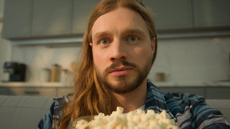 Focused concentrated Caucasian man guy male eating tasty corn popcorn eat overeating obesity...