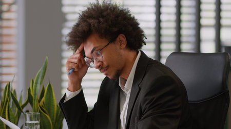 Pensive thinking think thought African American man business male guy businessman employer...