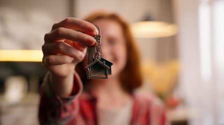 Caucasian girl female woman happy smiling portrait showing holding keys of new home own house moving...