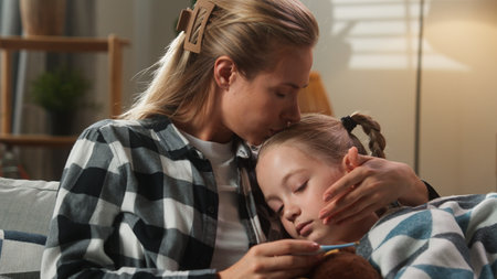 Family at home mother caring daughter kid girl measure temperature with thermometer worried about fever woman mum kissing child forehead cuddling hugging health medicine problem symptoms illness sickの写真素材