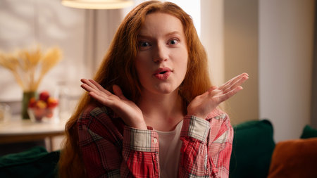 Happy Caucasian teenager girl female woman emotional looking at camera shocked surprised say wow...