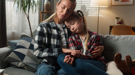 Caucasian family problem at home caring mother supporting hugging calming little adorable child kid...