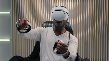 Futurism gaming internet video game virtual reality African American man male guy in vr glasses...