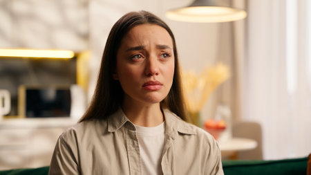 Portrait upset sad Caucasian woman girl female crying suffering despair at home feeling unhappy bad depressed stressful break up failure cry emotion loss relationship unwanted pregnancy in living roomの写真素材