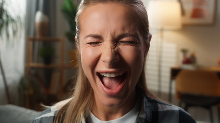 Caucasian woman girl at home sofa stressed yelling shouting screaming anger mad stress by noisy neighbors loud yell female in living room emotion problem annoyed irritated scream tension rage furiousの写真素材