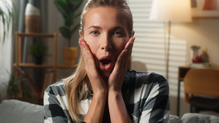 Shocked Caucasian woman European female looking at camera in living room home portrait girl lady unbelievable astonish news excited wonder amazed saying wow shock amazement reaction emotion stunnedの写真素材