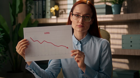 Sad frustrated businesswoman office broker trader saleswoman data analyst woman showing document report loss sales graph diagram chart business investment crypto bitcoin finance debt crisis bankruptcyの写真素材