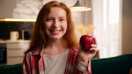 Portrait carefree Caucasian woman teen girl smiling female holding fresh red apple at home indoors happy with healthy food good habit fruit vitamin nutrition eco product meal smile looking at cameraの写真素材