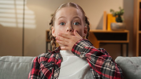 Portrait surprised little school girl child kid daughter preteen looking at camera at home sofa couch big eyes close mouth with hand feel stunned amazed unexpected news shocked unbelievable surpriseの写真素材