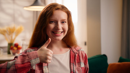Caucasian woman teen girl smiling showing thumb up gesture like happy joyful young female carefree glad happiness lady indoors at home recommend hand agree in living room looking at camera satisfiedの写真素材