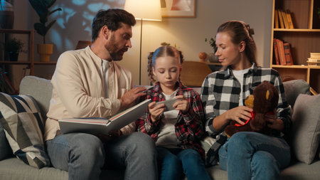 Caucasian family problem at evening home kid child daughter girl dependency addiction of mobile phone ignoring parents showing toy and book talking digital dependence bad behavior lack of attentionの写真素材