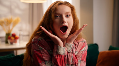 Portrait of excited happy successful winner Caucasian woman close up teen European female girl looking at camera open mouth amazing news reaction shocked excitement wonder stunned astonish at homeの写真素材