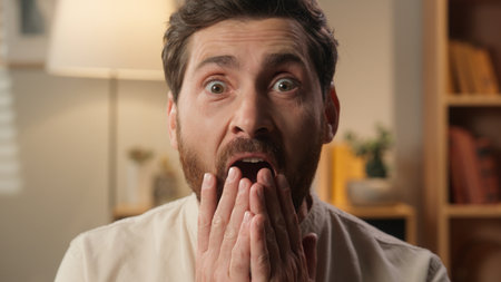 Shocked man portrait scared guy looking at camera amazing reaction shock frightened at home apartment Caucasian male businessman afraid stunned open mouth astonishment emotion unbelievable excitementの写真素材