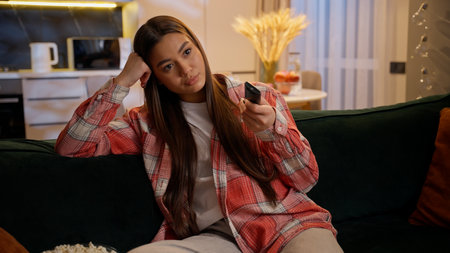 Bored tired upset girl Caucasian woman alone watching television at home evening night insomnia lazy female teenager on couch relax rest switching TV channels watch boring movie film in living roomの写真素材