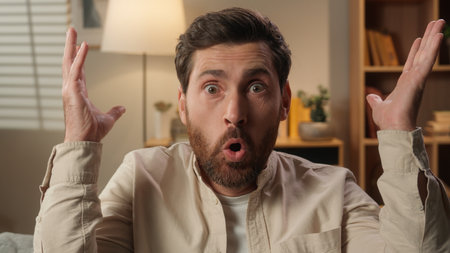 Shocked man looking at camera amazing reaction shock at home Caucasian guy amazed stunned male homeowner businessman blow mind gesture astonishment wow emotion unbelievable excitement in apartmentの写真素材