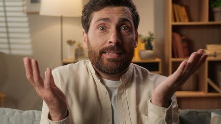 Caucasian man homeowner guy at home shrug shoulders unsure confused male stress uncertain homeowner businessman looking at camera thoughtful unknown problem question doubt in apartment stressful lostの写真素材