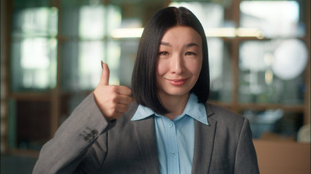 Asian Chinese confident businesswoman in office Korean Japanese ethnic girl manager business woman CEO smiling female engineer industrial architect thumb up raise finger success approval gesture voteの写真素材