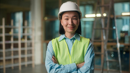 Chinese woman developer building construction architect builder engineer in hard hat posing crossed hands nod head agreement Asian Korean Japanese girl inspector control engineering work manufactureの写真素材