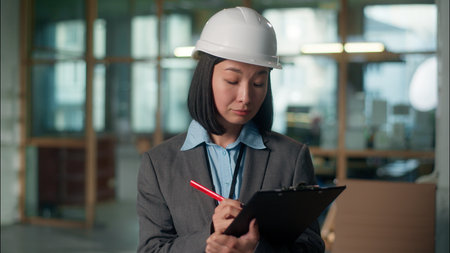 Woman architect checking building plan Asian girl builder writing sign document industrial construction project Chinese Korean Japanese female contractor businesswoman developer engineer inspectingの写真素材