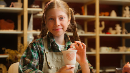 Positive smiling Caucasian teen little girl daughter child kid schoolgirl artist potter examining...