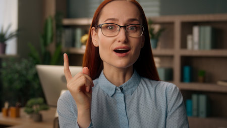 Thoughtful Caucasian business woman entrepreneur female office worker thinking businesswoman girl employer think ponder thoughts inspired create come up with idea insight happy smile answer questionの写真素材