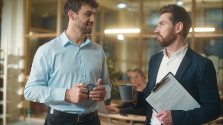 Caucasian men businessmen business partners friendly conversation dialogue talking in office coffee break drinking together guys male co-workers colleagues friends fellows meeting drink tea at companyの写真素材