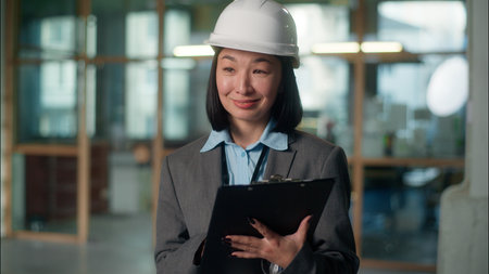 Asian woman builder architect inspector approve construction plan building project writing notes Chinese Korean Japanese girl civil engineer contractor female foreman businesswoman inspect factoryの写真素材