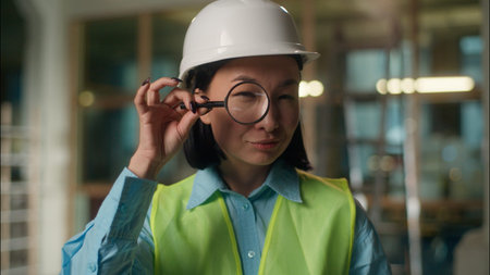 Smiling Asian builder Chinese girl architect engineer investigator Japanese Korean woman looking...