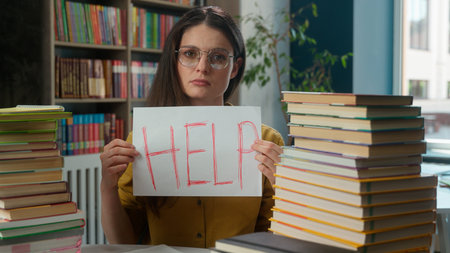 Sad worried tired exhausted girl Caucasian woman high school student teacher helpless stressful...
