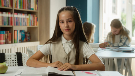 Caucasian teen girl calm little kid daughter studying at classroom concentrated pupil student read...