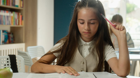 Pensive concentrated student Caucasian little girl schoolgirl pupil learner nerd read book library school education kid child studying exam in classroom learning reading boring literature knowledgeの写真素材