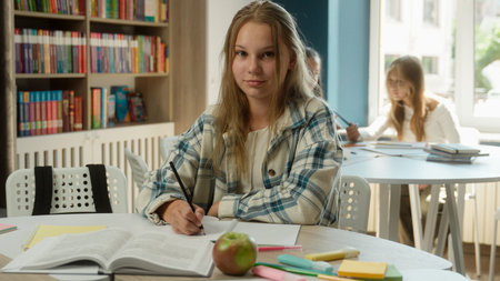 Teen girl Caucasian kid child smiling happy pupil teenager student schoolgirl learner looking at...