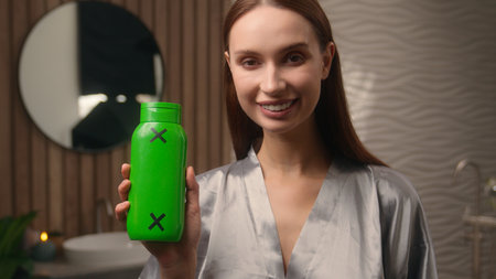 Portrait happy beautiful smiling Caucasian attractive girl positive smile pretty European woman female in bathroom looking at camera showing holding bottle of shampoo shower gel balm conditioner jarの写真素材