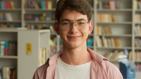 Portrait smiling happy positive Caucasian teen boy student guy male pupil man teenager in glasses looking smile at camera studying learning in school university academy college library education studyの写真素材