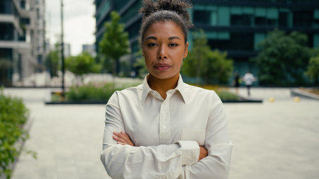 Portrait serious calm confident African American woman businesswoman girl female employer business entrepreneur in city downtown posing crossed hands looking at camera manager lady worker job ambitionの写真素材