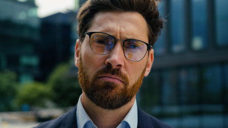 Portrait sad upset failure tired exhausted stressed Caucasian man businessman business male guy manager employer entrepreneur boss leader in city outdoor looking at camera in glasses corporate problemの写真素材