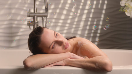 Pensive dreaming tranquil relaxed calm peaceful thinking woman Caucasian girl female lady relax in...