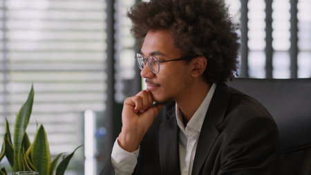 Pensive dream thoughtful African American man male business working corporate creative job work businessman think ideas thoughts search difficult startup solve doubt thinking office hesitate projectの写真素材