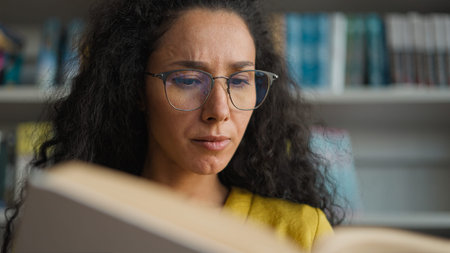 Indian Hispanic woman reader focused preparing exam reading book university library high school girl...