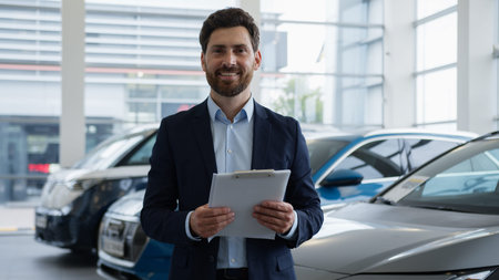 Caucasian man dealer male businessman auto salon car automobile manager consultant smiling holding clipboard documents contract deal insurance purchase seller client dealership guy business showroomの写真素材