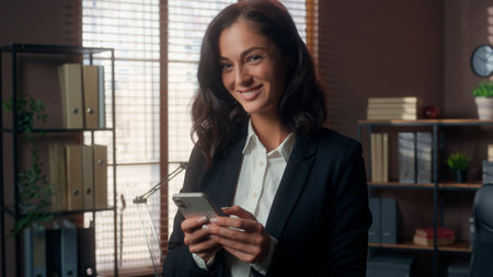 Caucasian woman holding mobile phone smartphone cellphone online winking looking at camera female girl businesswoman business office smiling manager employer friendly blink happy worker indoor textingの写真素材