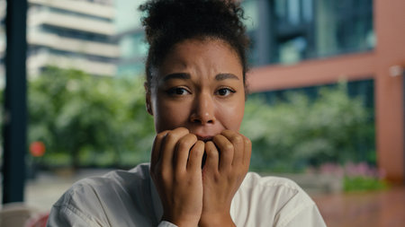 Close up face confused puzzled African American woman girl businesswoman business city bite lip worried thinking uncertainty contemplation choosing doubt hesitate female decision town outdoor employerの写真素材