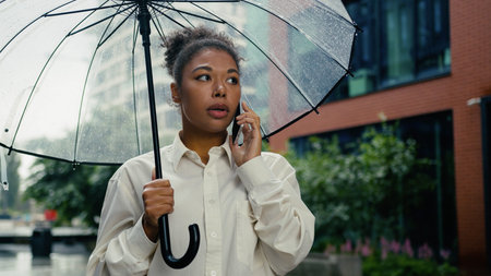 African American woman talk mobile phone smartphone boss employee upset female girl city call...