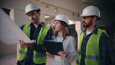 Caucasian colleagues building teamwork builders speak blueprint in construction woman controller architect planning draft architectural men constructing project technicians handymen cooperation workの写真素材