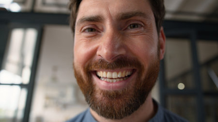 Close up happy Caucasian man positive bearded father looking at camera adult male being joyful...