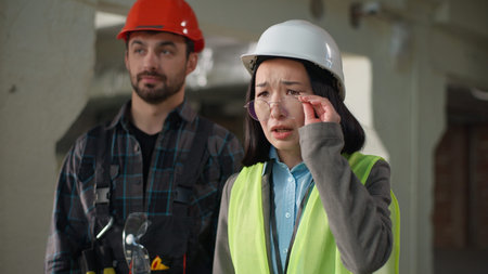 Builders multiethnic business workers Japanese inspector upset bad project fail work frustrated...