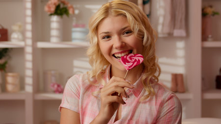 Caucasian girl female teenager woman in pink candy glamour bathroom holding striped candy red lollipop in heart shape biting eating yummy sugar snack lollypop looking at camera indoors bite eat happyの写真素材