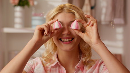 Close up portrait in pink bathroom happy funny Caucasian female teenager girl woman holding two marshmallow candy food near eyes like glasses eyewear having fun smiling fooling at home glamour joyの写真素材