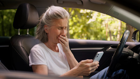 Shocked upset scared Caucasian elderly aged woman female car driver client user holding mobile phone...